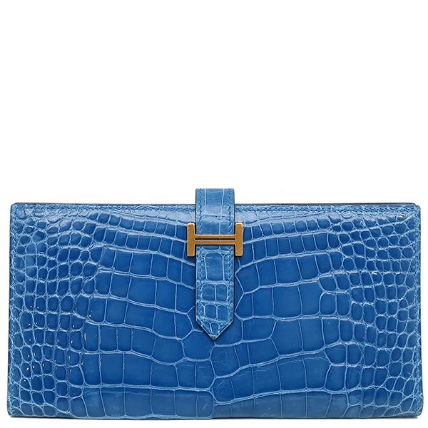 【美品】HERMES　エルメス　ブルー　モノグラム柄015 エルメス HERMES 長財布 ベアンスフレ アリゲーター ブルーゼリージュ