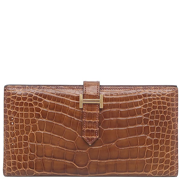 エルメス HERMES 長財布 ベアンスフレ アリゲーター ブラック ゴールド金具 クロコ 二つ折り シャイン C 【箱】【中古】 HERMES（エルメス） 美品 豪華 アリゲーター メンズ 長財布