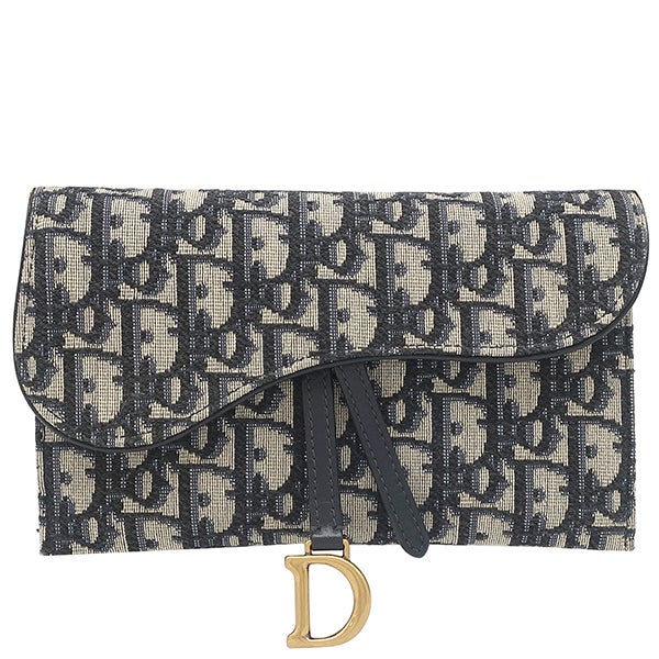 クリスチャン・ディオール Christian Dior チェーンウォレット サドル チェーン ポーチ スモール コットン レザー ネイビー系 ゴールド金具 ショルダー オブリーク ジャカード【中古】 クリスチャン・ディオール Christian Dior チェーンウォレット サドル