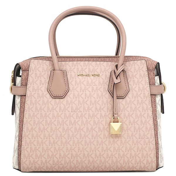 マイケルコース Michael Kors 2WAYバッグ Mercer ミディアム カラーブロック ロゴ ベルト付きサッチェル PVC レザー ピンク×ホワイト ゴールド金具 30S0GM9S2V 【保存袋】【中古】 マイケルコース Michael Kors 2WAYバッグ Mercer ミディアム カラー