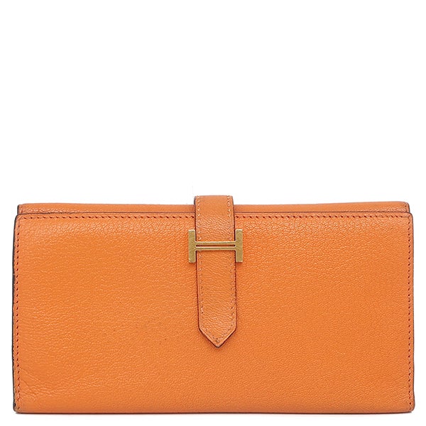 エルメス HERMES 長財布 ベアンデュプリ シェーブル オレンジ ゴールド金具 三つ折り財布 補修跡有 □J【中古】 エルメス HERMES 長財布 ベアンデュプリ シェーブル オレンジ ゴールド