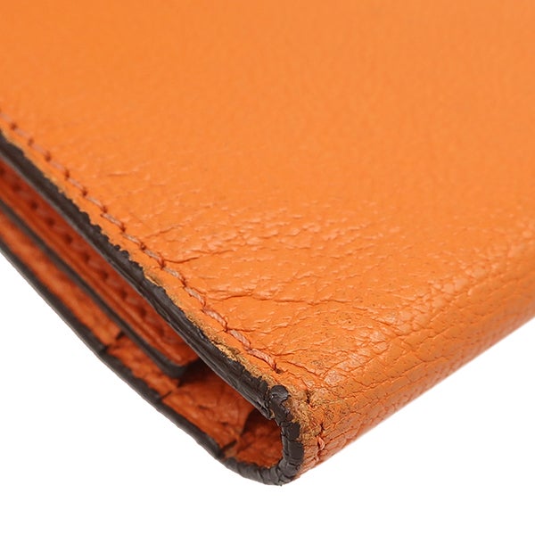 エルメス HERMES 長財布 ベアンデュプリ シェーブル オレンジ ゴールド金具 三つ折り財布 補修跡有 □J【中古】 エルメス HERMES 長財布 ベアンデュプリ シェーブル オレンジ ゴールド