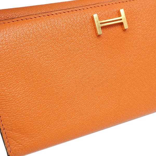 エルメス HERMES 長財布 ベアンデュプリ シェーブル オレンジ ゴールド金具 三つ折り財布 補修跡有 □J【中古】 エルメス HERMES 長財布 ベアンデュプリ シェーブル オレンジ ゴールド
