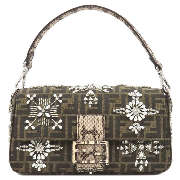 フェンディ FENDI 2WAYバッグ バゲット ジャガード キャンバス パイソン ブラウン シルバー金具 ズッカ柄 ビジュー クリスタル 25周年復刻デザイン 8BR600 【保存袋】【中古】 フェンディ FENDI 2WAYバッグ バゲット ジャガード キャンバス