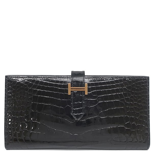 エルメス HERMES 長財布 ベアンスフレ アリゲーター ブラック ゴールド金具 クロコ 二つ折り シャイン C 【箱】【中古】 エルメス HERMES 長財布 ベアンスフレ アリゲーター ブラック ゴールド